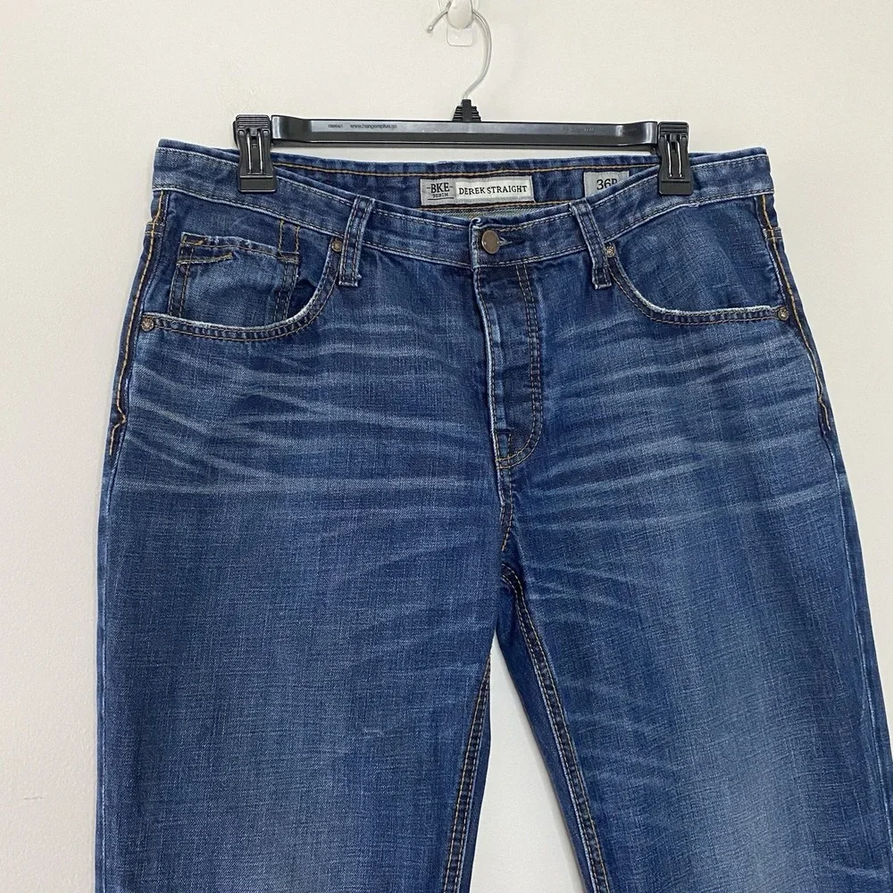 BKE Derek Straight Leg Jeans‎ Men's 36R 36x32 Dark Blue Wash Denim Button Fly